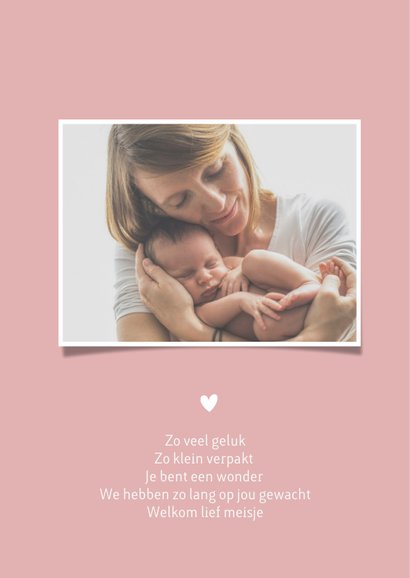 Minimalistisch roze geboortekaartje meisje met foto en naam 2