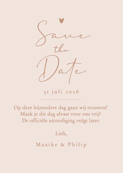 Minimalistisch save the date trouwkaart hartje koper 3