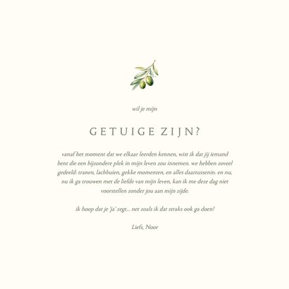 Minimalistische getuige kaart beige met olijftakje Achterkant