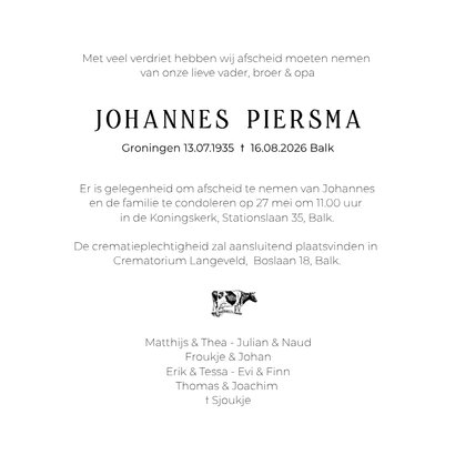 Minimalistische rouwkaart met een illustratie van een koe  3