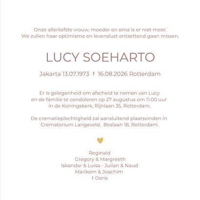 Minimalistische rouwkaart vrouw naam in het groot 3