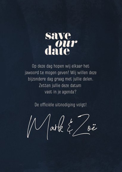 Minimalistische save the date donkerblauw met waterverf 3