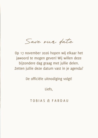 Minimalistische trouwkaart beige met bruin save the date 3