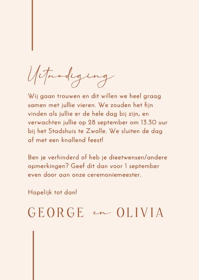 Minimalistische trouwuitnodiging met lijn beige terracotta 3
