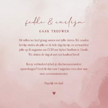 Minimalistische uitnodiging bruiloft met oud roze waterverf 3