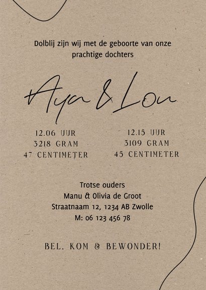 Modern geboortekaartje kraft met zwarte lijnen en tekst 3