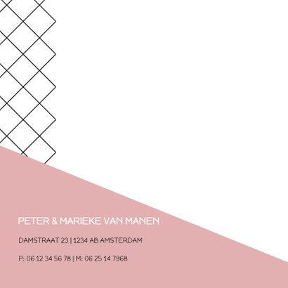 Modern geboortekaartje meisje met roze en gele vlakken 2