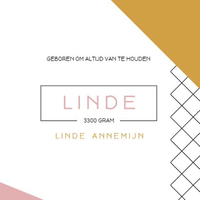 Modern geboortekaartje meisje met roze en gele vlakken 3