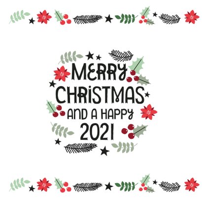 Modern kerstkaart merry christmas & hulst blaadjes 2