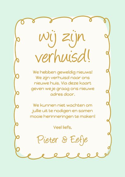 Modern verhuiskaartje met groen kader en blauw huisje 3