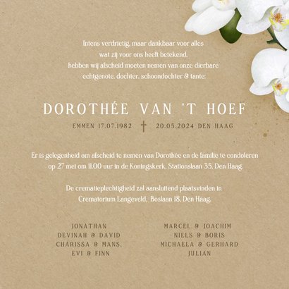 Moderne bloemen rouwkaart met illustratie van een orchidee 3