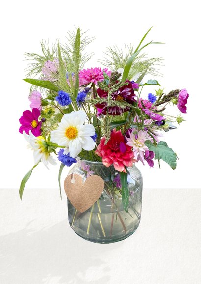 Moderne bloemenkaart met een veldboeket met Dahlia's in vaas 2