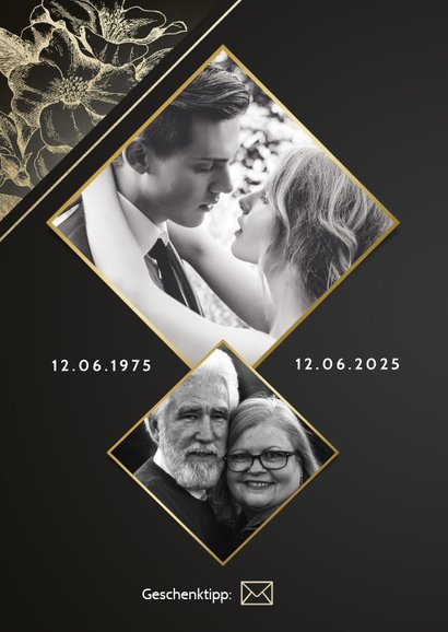 Moderne Jubiläumskarte Raute mit Foto und Blumen 2