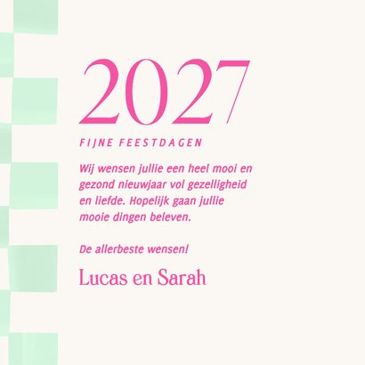 Moderne kerstkaart groene blokjes met foto en roze 3