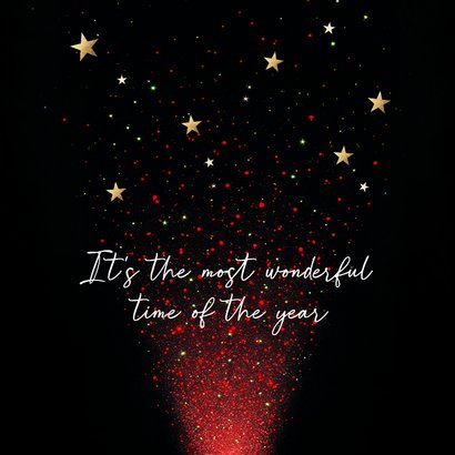 Moderne kerstkaart rode lichtjes en gouden tekst 2