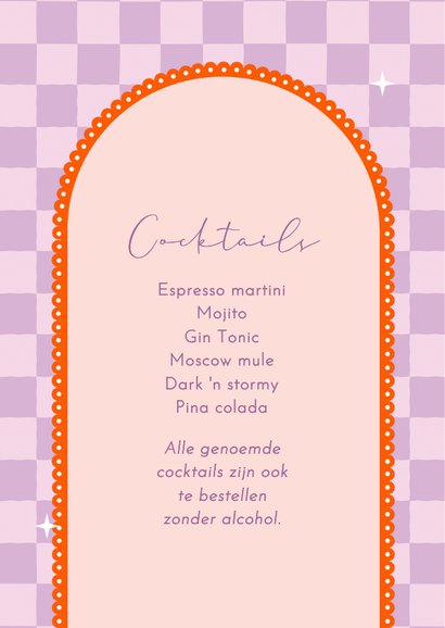 Moderne menukaart met lila ruitjes en oranje boog met maan 2