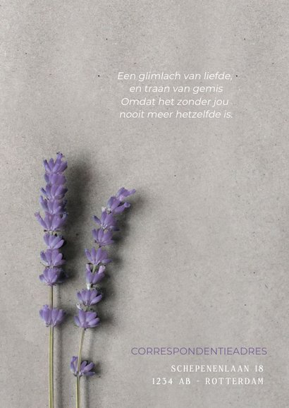 Moderne minimalistische rouwkaart met lavendel takjes 2