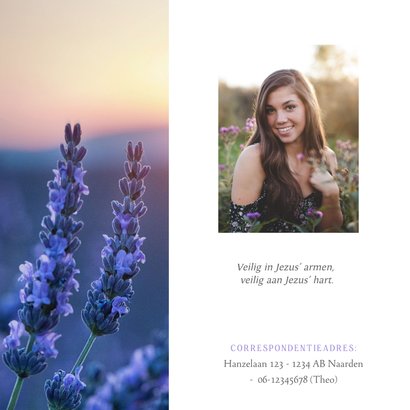 Moderne rouwkaart met landschapsfoto met lavendel bloemen 2