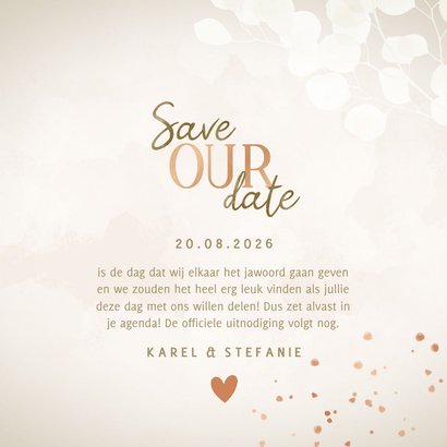 Moderne save the date eucalyptus, koper spetters en hartjes 3