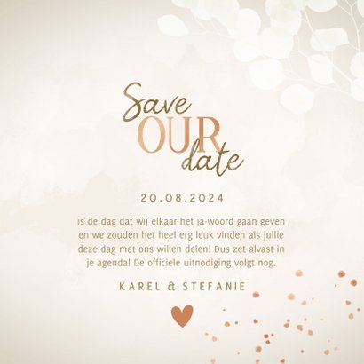 Moderne save the date eucalyptus, koper spetters en hartjes 3