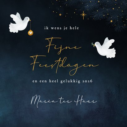 Moderne sfeervolle kerstkaart vrede en liefde met 2 duifjes 3