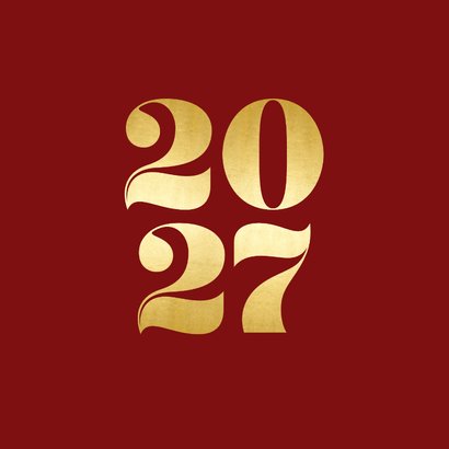 Moderne strakke kerstkaart met 2027 in goudfolie rood 2