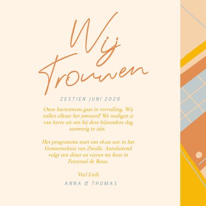 Moderne trouwkaart met vrolijk gekleurde vormen 3