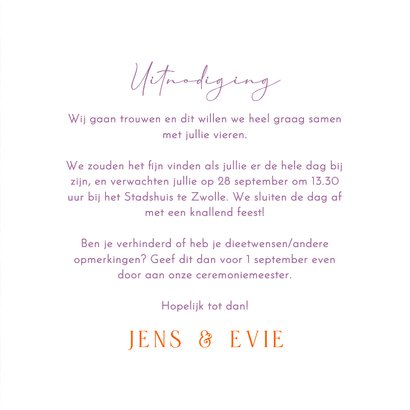 Moderne trouwuitnodiging met een boog en maan paarse ruitjes 3