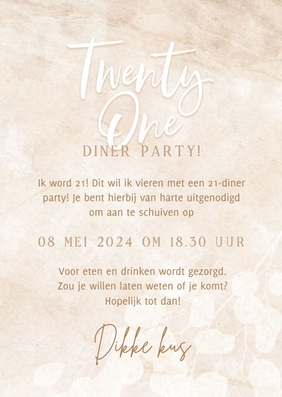 Moderne uitnodiging 21-diner party beige eucalyptus en foto 3