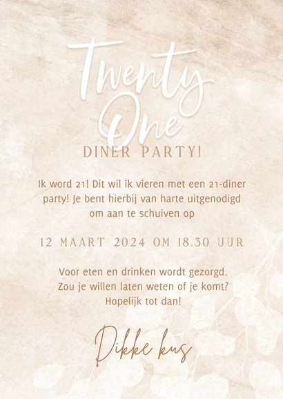 Moderne uitnodiging 21-diner party beige met eucalyptus 3