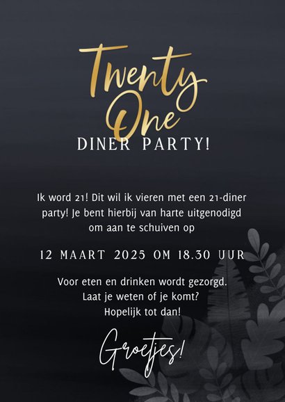 Moderne uitnodiging 21-diner party blauw junglebladeren 3