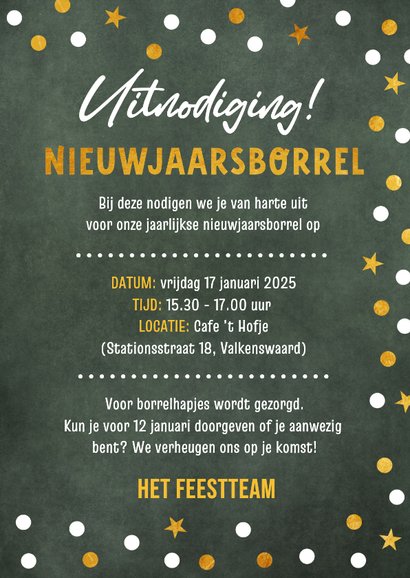 Moderne uitnodiging nieuwjaarsborrel confetti met goudfolie  3