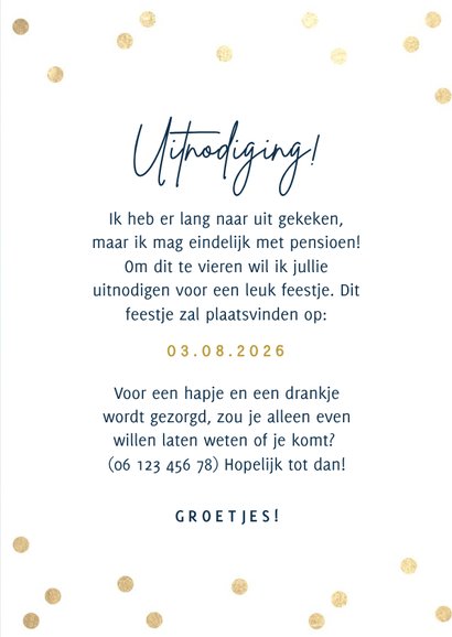 Moderne uitnodiging pensioen party gouden confetti & foto's 3