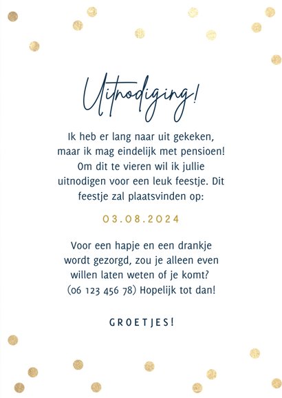 Moderne uitnodiging pensioen party gouden confetti & foto's 3