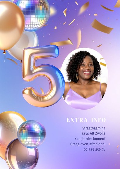Moderne uitnodiging verjaardag 50 jaar ballonnen disco 2