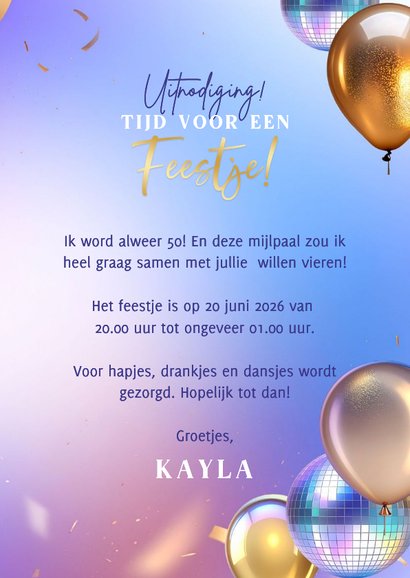 Moderne uitnodiging verjaardag 50 jaar ballonnen disco 3