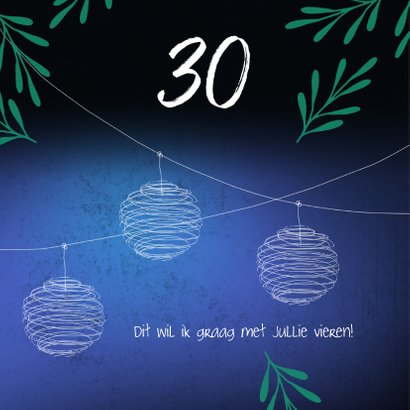 Moderne uitnodiging voor een tuinfeest in groen en blauw. 2