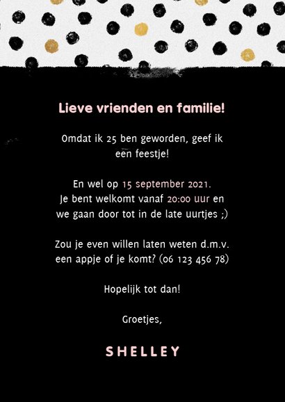 Moderne uitnodiging voor verjaardag met stipjes, verf & foto 3
