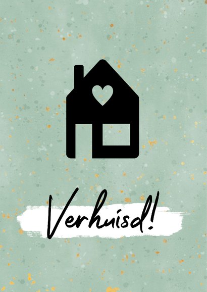 Moderne verhuiskaart met zwart huisje, spikkels & 'verhuisd' 2