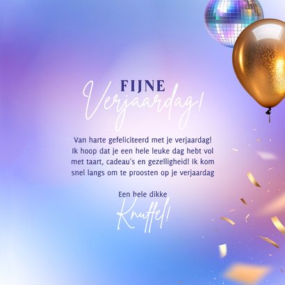 Moderne verjaardagskaart ballonnen disco en confetti 3