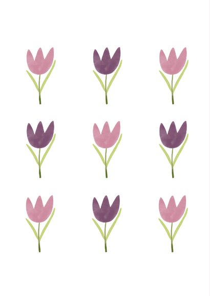 Moderne verjaardagskaart tulpen roze paars vrouw 2