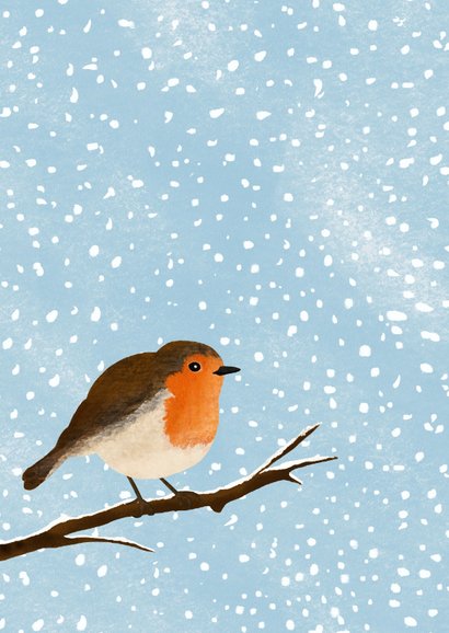 Moderne winterse kerstkaart met roodborstjes in de sneeuw 2