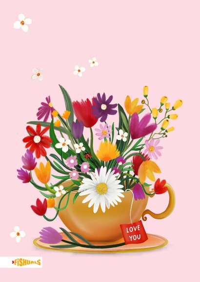 Moederdagkaart met kop en schotel en bloemen 2