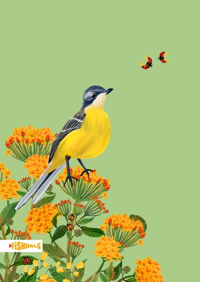 Moederdagkaart met roze bloemen en vogel 2