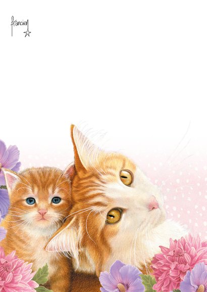 Moederdagkaart moederpoes en kitten tussen bloemen 2
