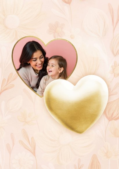 Moederdagkaart roze bloemen met foto en hart 2