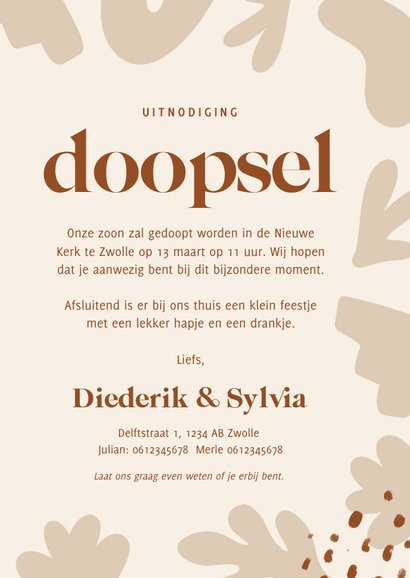 Mooie beige uitnodiging doopsel neutraal met vormen 3