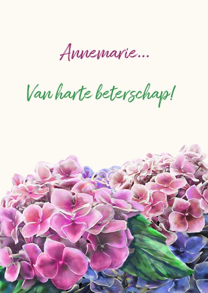 Mooie bloemenkaart met hortensia's in waterverf. 3