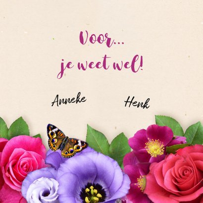 Mooie bloemenkaart met label, strikje en eigen foto 3