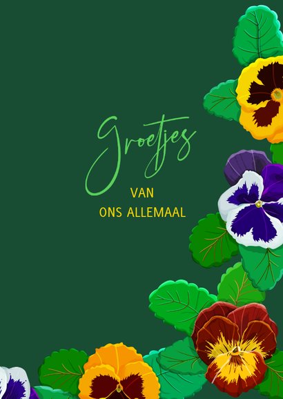 Mooie bloemenkaart voor een jarige met violen op groen 3